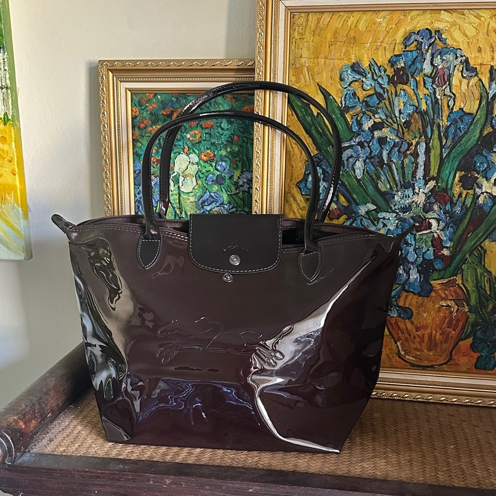 Longchamp maroon Patent Leather shoulder Tote Bag